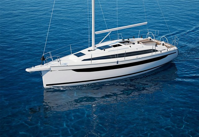 BAVARIA CRUISER 34 with couple at the helm close to the coast
